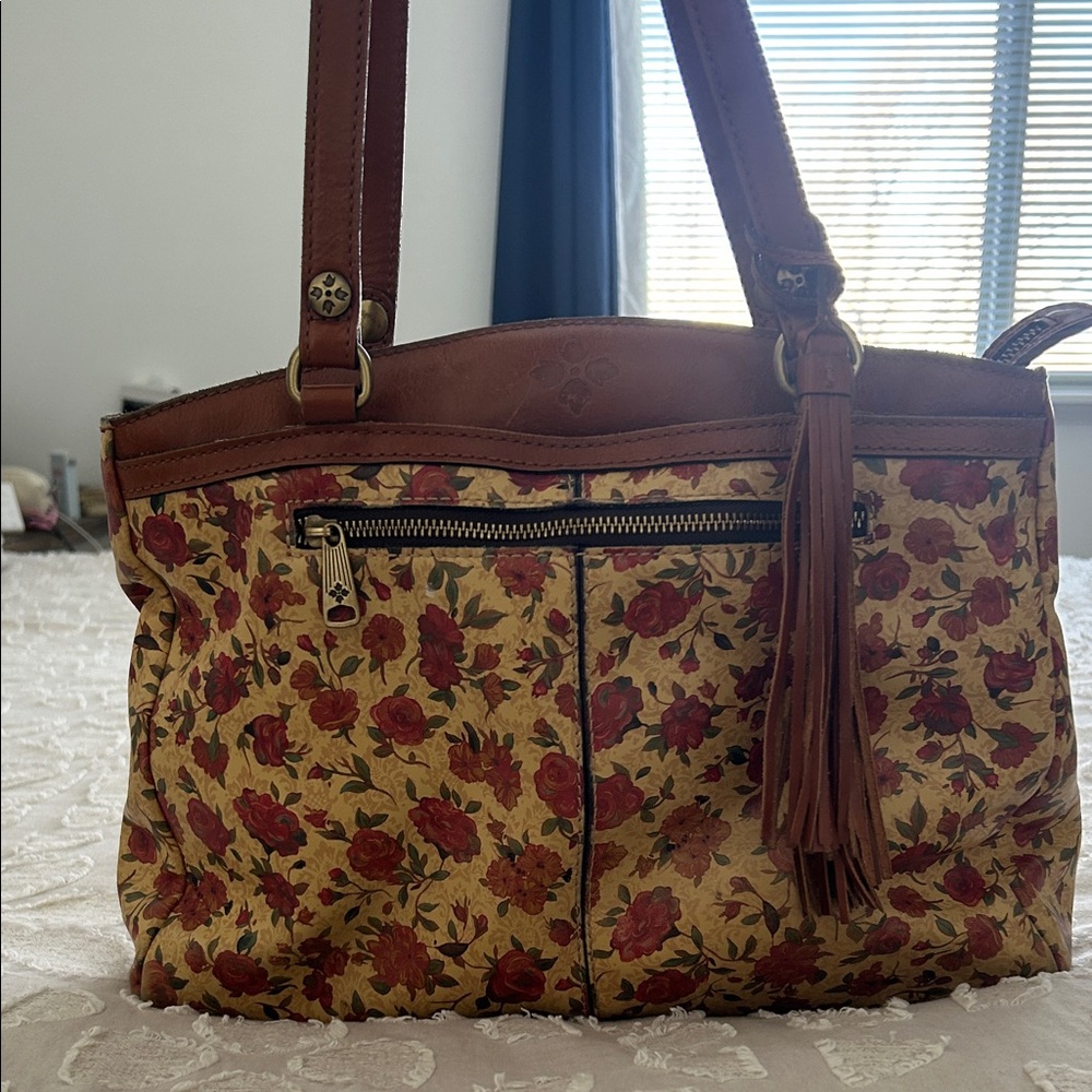 Patricia Nash Red Floral Shoulder Bag with Brown Trim